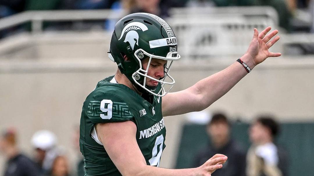 Michigan State's Rhys Dakin punts the ball during the football Spring Showcase on Saturday, April 18, 2026, at Spartan Stadium in East Lansing.