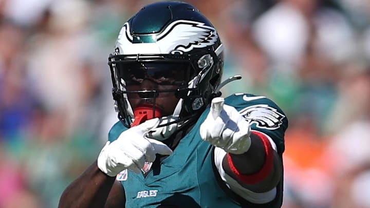 Oct 5, 2025; Philadelphia, Pennsylvania, USA;  Philadelphia Eagles wide receiver A.J. Brown (11) reacts after a catch against the Denver Broncos in the second quarter at Lincoln Financial Field.
