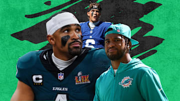 Eagles QB Jalen Hurts (left), Giants QB Jaxson Dart (center), Dolphins QB Tua Tagovailoa (right)