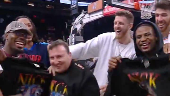 Oklahoma City Thunder players made sure Nick Gallo got a shirt. Oklahoma City Thunder players made sure Nick Gallo got a shirt.