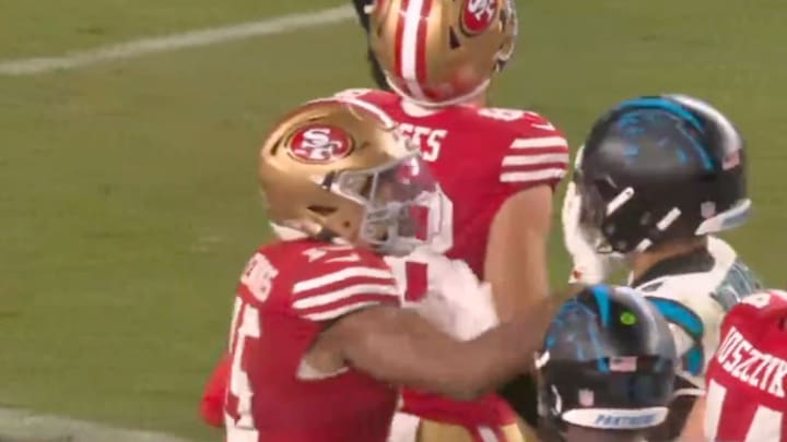 49ers WR Jauan Jennings and Panthers safety Tre’Von Moehrig got into a heated altercation after Monday Night Football 49ers WR Jauan Jennings and Panthers safety Tre’Von Moehrig got into a heated altercation after Monday Night Football