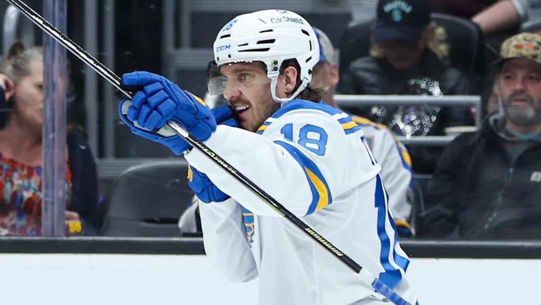 Mar 4, 2026; Seattle, Washington, USA; St. Louis Blues center Robert Thomas (18) reacts after scoring a goal in the third period against the Seattle Kraken at Climate Pledge Arena. Mandatory Credit: Kevin Ng-Imagn Images