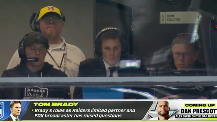 Tom Brady was seen in the Raiders' coaches' booth during last Monday night's game in Las Vegas. Tom Brady was seen in the Raiders' coaches' booth during last Monday night's game in Las Vegas.
