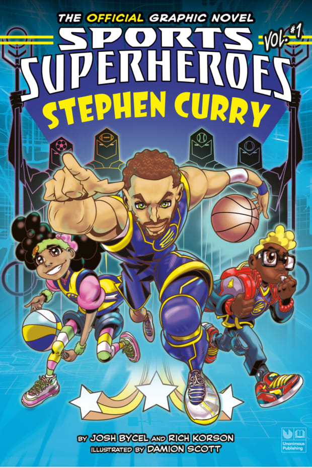 Cover art for "Sports Superheroes Volume 1: Stephen Curry," written by Rich Korsen and Josh Bycel.