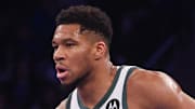 Milwaukee Bucks forward Giannis Antetokounmpo dribbles up court during the first half against the New York Knicks.