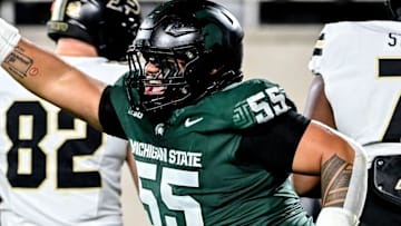Michigan State's Ben Roberts celebrates after the Spartans blocked a Purdue field goal attempt during the second quarter on Friday, Nov. 22, 2024, at Spartan Stadium in East Lansing.