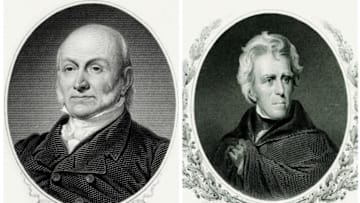 Portraits of John Quincy Adams (left) and Andrew Jackson (right)