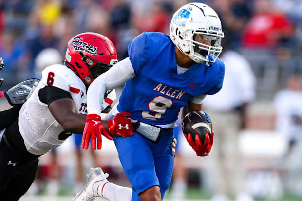 Allen junior Brett Holloway Jr. evades Cedar Hill's Carlos Porter in a 42-14 Allen win on Friday, Sept. 6, 2024.