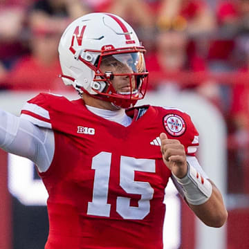 Nebraska quarterback Dylan Raiola prepares to throw a short pass in the first quarter against Northern Iowa.