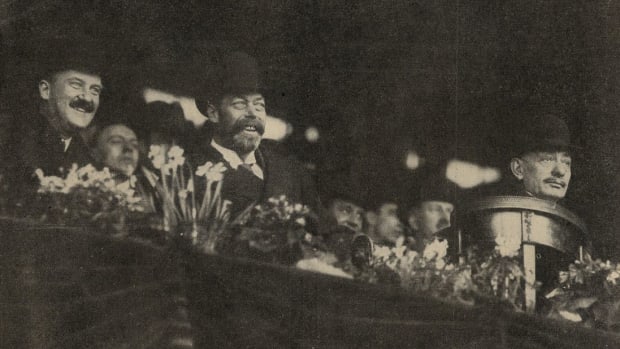 United Kingdom’s King George V attends a baseball game at London’s Stamford Bridge in 1914.