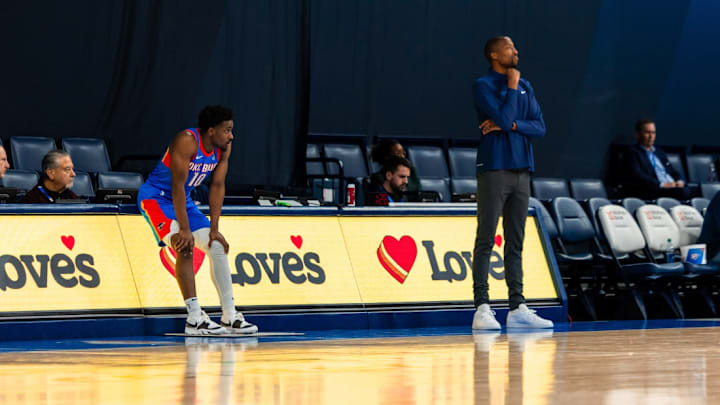 OKC Thunder Two-Way Guard Adam Flagler and OKC Blue Head Coach Kameron Woods