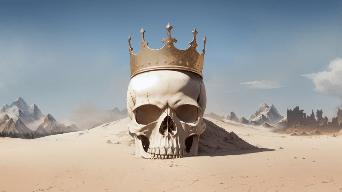 Millennia key art showing an oversized, crowned skull laying in the desert.