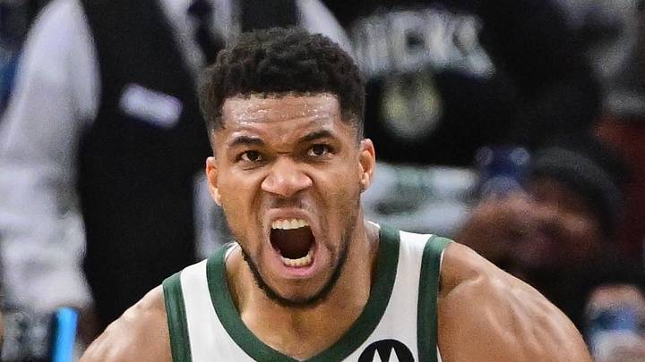 Milwaukee Bucks forward Giannis Antetokounmpo (34) reacts after scoring a basket in the 3rd quarter against the New York Knicks at Fiserv Forum. Oct 28, 2025.