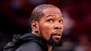 Houston Rockets forward Kevin Durant warms up prior to the game against the Brooklyn Nets at Toyota Center.