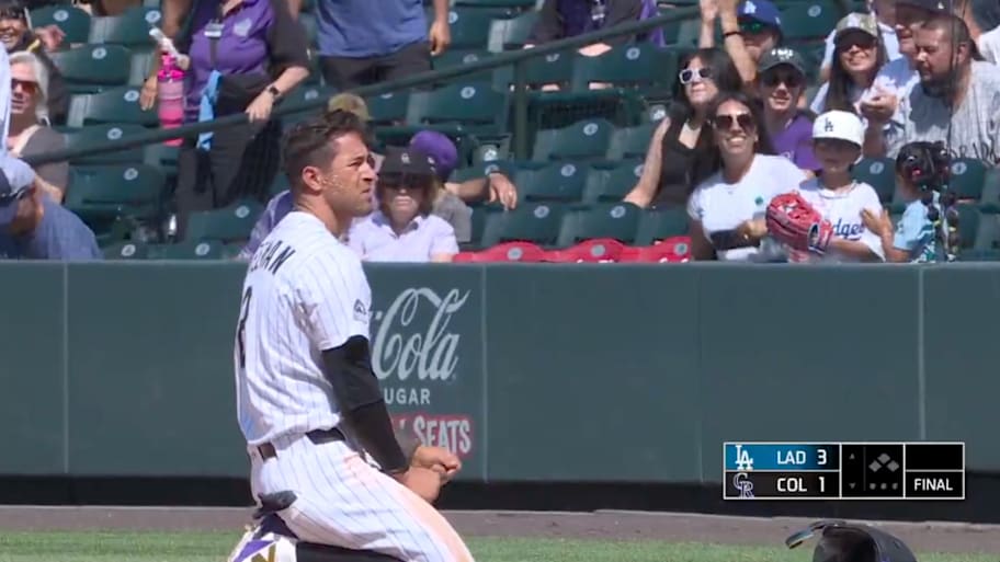 Colorado Rockies OF Tyler Freeman reacts after getting thrown out to end a game against the Los Angeles Dodgers. | Screenshot via Fabian Ardaya on X