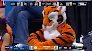 Clemson Tigers mascot The Tiger reacts after a McNeese State three-pointer in the NCAA tournament.