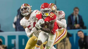 Kansas City Chiefs wide receiver Tyreek Hill (10), makes a catch on third and fifteen, for a critical first down against the San Francisco 49ers Super Bowl LIV at Hard Rock Stadium in Miami Gardens, Feb. 2, 2020.  [BILL INGRAM/The Palm Beach Post]

Super Bowl Kansas City Chiefs Vs San Francisco 49ers