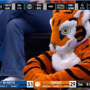 Clemson Tigers mascot The Tiger reacts after a McNeese State three-pointer in the NCAA tournament.