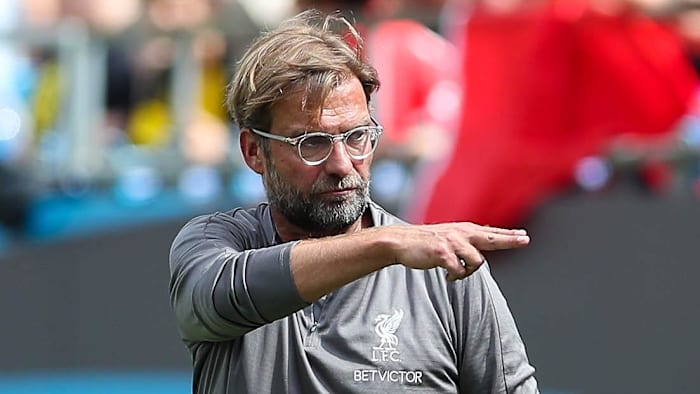 Jul 22, 2018; Charlotte, NC, USA; Liverpool coach Jurgen Klopp  watches game action against Borussia