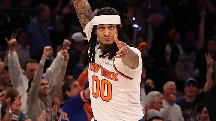 Jun 8, 2026; New York, New York, USA; New York Knicks guard Jordan Clarkson (00) reacts after making a three point basket against the San Antonio Spurs during game three of the 2026 NBA Finals at Madison Square Garden. Mandatory Credit: Geoff Burke-Imagn Images