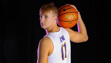 Class of 2025 three-star forward Ace Flagg poses on Montverde Academy 2023-24 media day before the 2023-24 season. The versatile 6-foot-7 slasher will play his senior season at Greensboro Day School in North Carolina. 