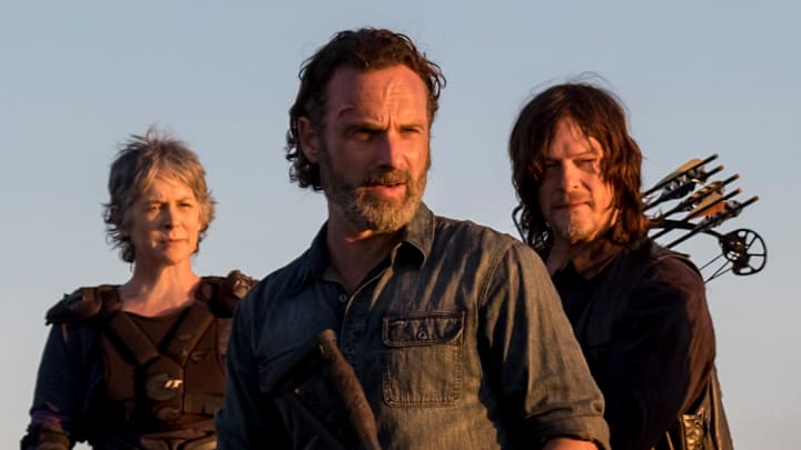 Cooper Andrews as Jerry, Khary Payton as Ezekiel, Danai Gurira as Michonne, Melissa McBride as Carol Peletier, Andrew Lincoln as Rick Grimes, Norman Reedus as Daryl Dixon, Christian Serratos as Rosita Espinosa - The Walking Dead _ Season 8, Episode 16 - Photo Credit: Gene Page/AMC