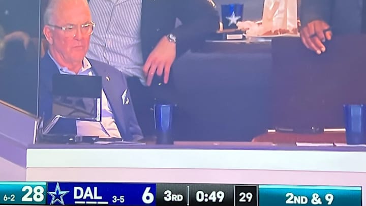 Jerry Jones was not in his usual seat when the CBS broadcast panned to his suite in the third quarter. Jerry Jones was not in his usual seat when the CBS broadcast panned to his suite in the third quarter.