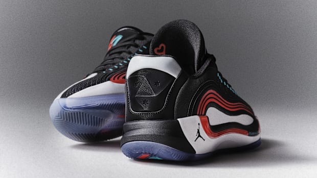 Luka Doncic's black and red Jordan Brand sneakers.