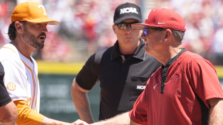 Tennessee Volunteers coach Tony Vitello and Arkansas Razorback coach Dave Van Horn before Sunday's Super Regional at Baum-Walker Stadium.
