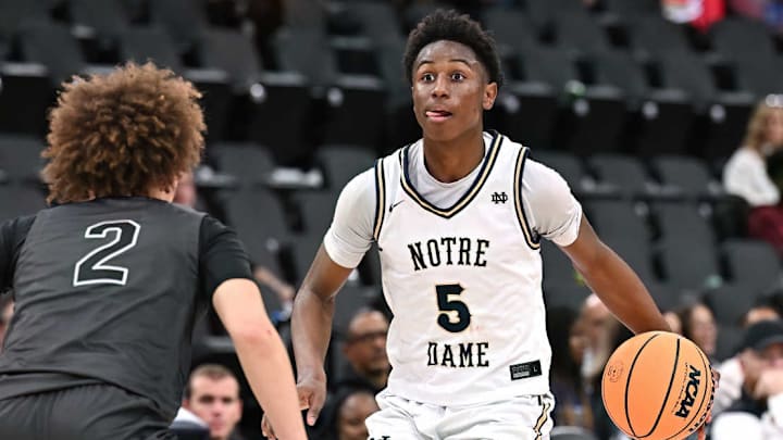 Notre Dame handles the ball in a game against Sierra Canyon at the Intuit Dome.