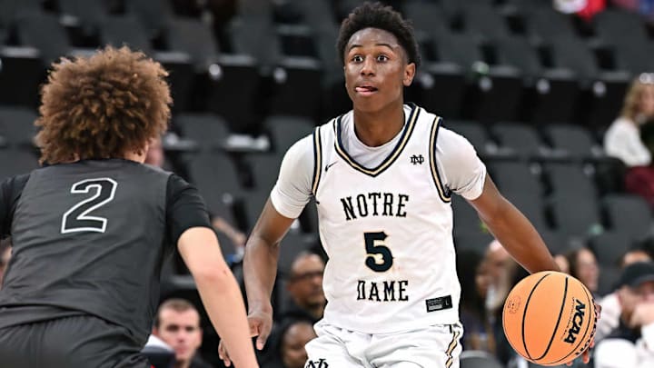 Notre Dame's NaVorro Bowman Jr. handles the ball in a game against Sierra Canyon at the Intuit Dome.