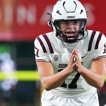 Quarterback Carson Schoen (17) entered the game in the second half and led No. 2 Don Bosco Prep to a pair of touchdown drives, erasing a 10-0 deficit and securing a 14-10 win for the Ironmen over Melissa  (Texas) in the Lone Star State.