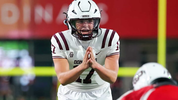 Quarterback Carson Schoen (17) entered the game in the second half and led No. 2 Don Bosco Prep to a pair of touchdown drives, erasing a 10-0 deficit and securing a 14-10 win for the Ironmen over Melissa (Texas) in the Lone Star State. Quarterback Carson Schoen (17) entered the game in the second half and led No. 2 Don Bosco Prep to a pair of touchdown drives, erasing a 10-0 deficit and securing a 14-10 win for the Ironmen over Melissa (Texas) in the Lone Star State.