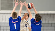 Terra Linda senior Camden Frenjieh hits into a double block put up by Tamalpais in a MCAL match. Terra Linda is the fourth seed in the NCS D4 playoffs and Tamalpais is No. 9 seed in D3. 