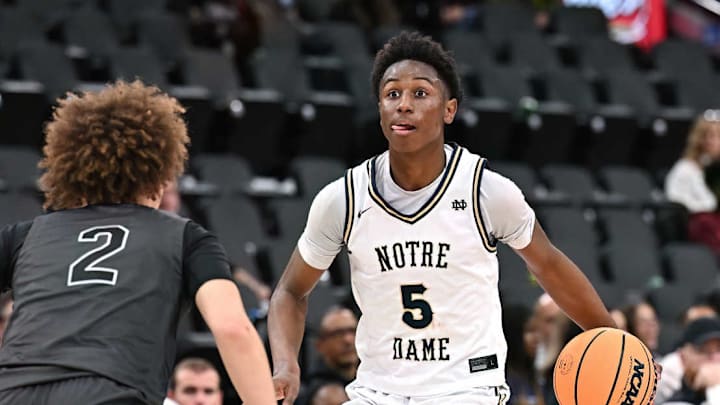 Notre Dame sophomore NaVorro Bowman Jr. handles the ball in a game against Sierra Canyon at the Intuit Dome. Notre Dame sophomore NaVorro Bowman Jr. handles the ball in a game against Sierra Canyon at the Intuit Dome.