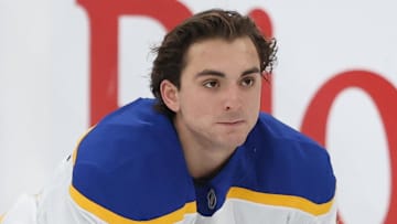 Nov 12, 2025; Salt Lake City, Utah, USA; Buffalo Sabres defenseman Michael Kesselring (8) warms up before a game against the Utah Mammoth at Delta Center. Mandatory Credit: Rob Gray-Imagn Images