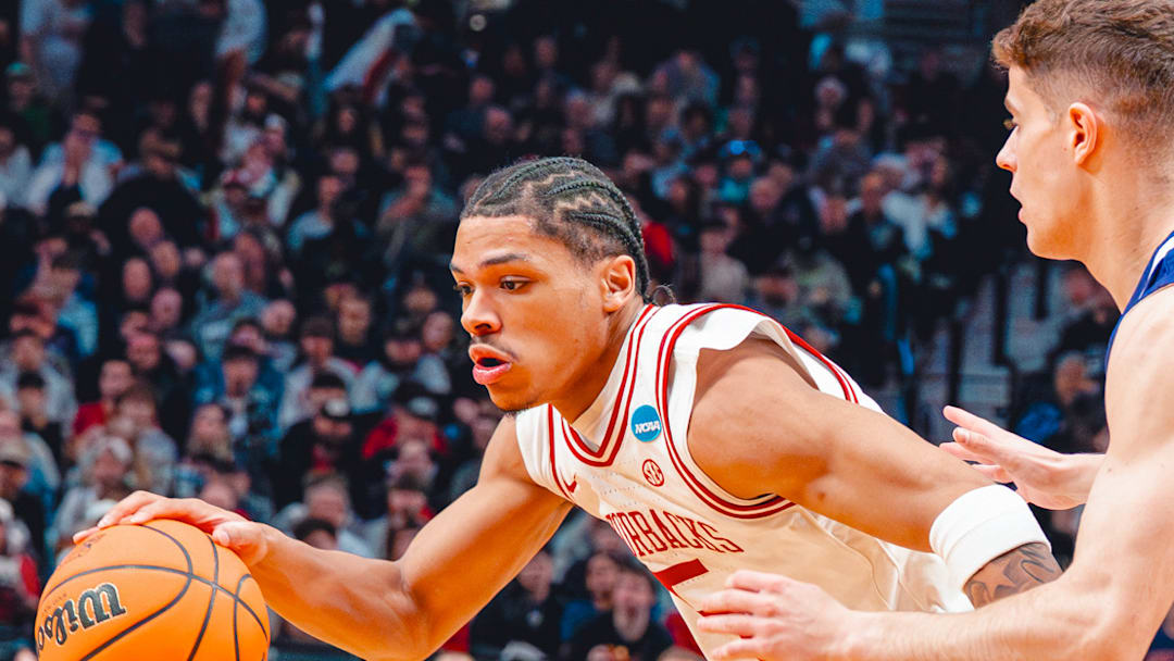 Arkansas Razorbacks All-American point guard Darius Acuff Jr. drives against High Point. He scored 36 in the Hogs' second-round NCAA Tournament victory.