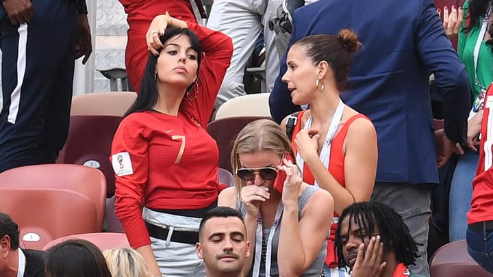 Girlfriend of Portugal forward Cristiano Ronaldo (7) Georgina Rodriguez (left) in Group D play during the FIFA World Cup 2018 at Spartak Stadium. 