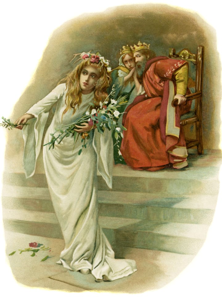 Ophelia, mad with grief, mourns Polonius' death