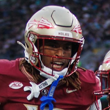 Aug 24, 2024; Dublin, IRL; Florida State University defensive back Edwin Joseph celebrates a tackle against Georgia Tech with defensive back Conrad Hussey at Aviva Stadium. Mandatory Credit: Tom Maher/INPHO via Imagn Images