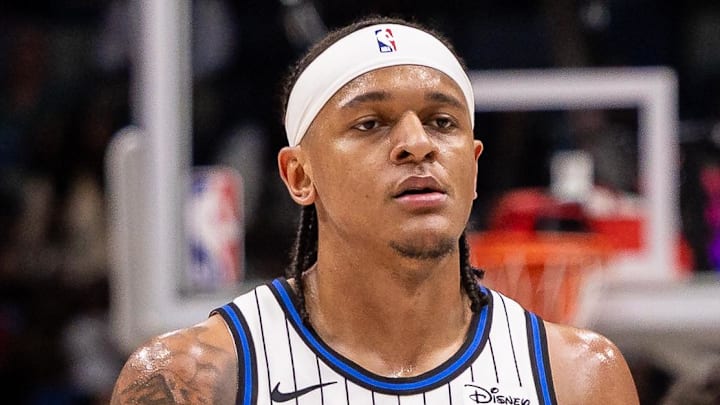 Apr 5, 2026; New Orleans, Louisiana, USA;  Orlando Magic forward Paolo Banchero (5) looks on against the New Orleans Pelicans during the second half at Smoothie King Center. Mandatory Credit: Stephen Lew-Imagn Images