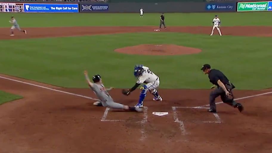 Jung slides into home plate against the Kansas City Royals | Screenshot via Bally Sports Detroit on X