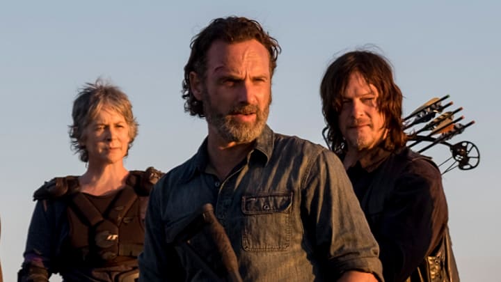 Cooper Andrews as Jerry, Khary Payton as Ezekiel, Danai Gurira as Michonne, Melissa McBride as Carol Peletier, Andrew Lincoln as Rick Grimes, Norman Reedus as Daryl Dixon, Christian Serratos as Rosita Espinosa - The Walking Dead _ Season 8, Episode 16 - Photo Credit: Gene Page/AMC
