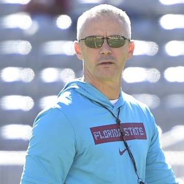 Nov 23, 2024; Tallahassee, Florida, USA; Florida State Seminoles head coach Mike Norvell before the game against the Charleston Southern Buccaneers at Doak S. Campbell Stadium. Mandatory Credit: Melina Myers-Imagn Images