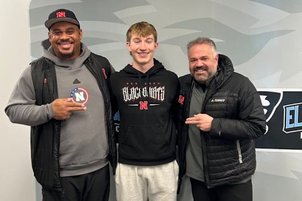 Nebraska commit Jase Reynolds with Nebraska director of player personnel Keith Williams and head coach Matt Rhule.