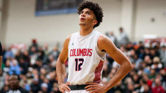 Columbus (Florida) forward Cameron Boozer looks on during the 2023 Les Schwab Invitational in Oregon. Boozer is one of, if not the nation's top prospect in 2025.