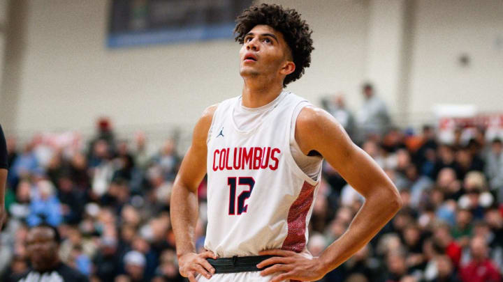 Columbus (Florida) forward Cameron Boozer looks on during the 2023 Les Schwab Invitational in Oregon. Boozer is one of, if not the nation's top prospect in 2025.