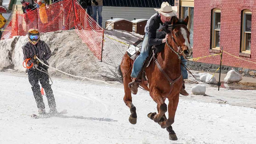 Athletes participate in 2024 Silverton Skijoring Competition.