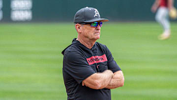 Coach Dave Van Horn watches on as the Razorbacks practice ahead of the NCAA Regional