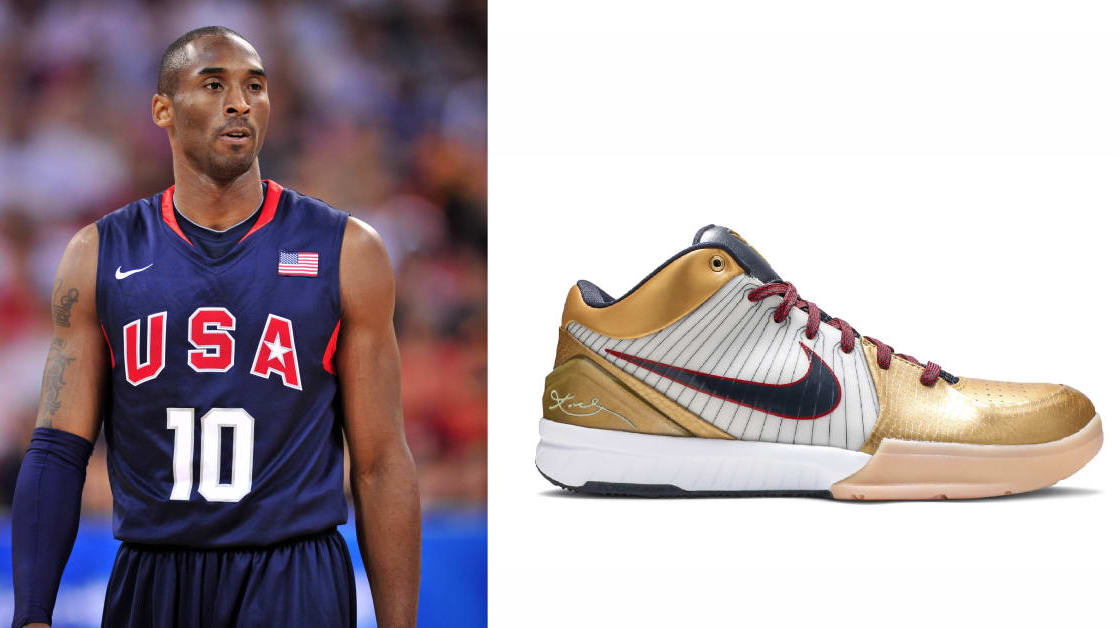 Kobe Bryant next to his gold Nike sneakers.